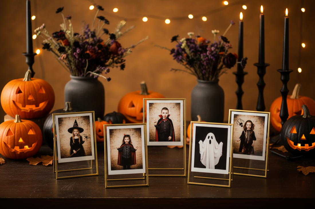 Halloween instant print photos displayed in gold acrylic frames on a party table with orange and black decorations