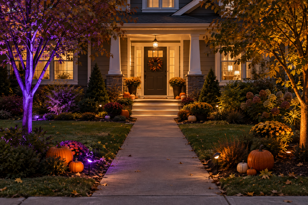 Halloween walkway lit by solar spotlights, with purple accents on trees and warm white light near the front door