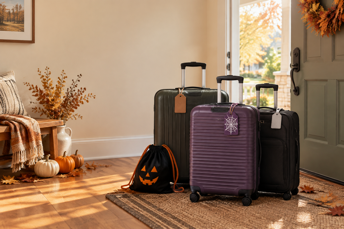 Family suitcases packed for a Halloween weekend trip, with a purple spider-web luggage tag identifying one bag.