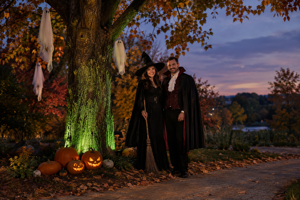 Halloween yard photo corner with green-lit tree bark, pumpkins, and costumed guests beside a clear walking route.