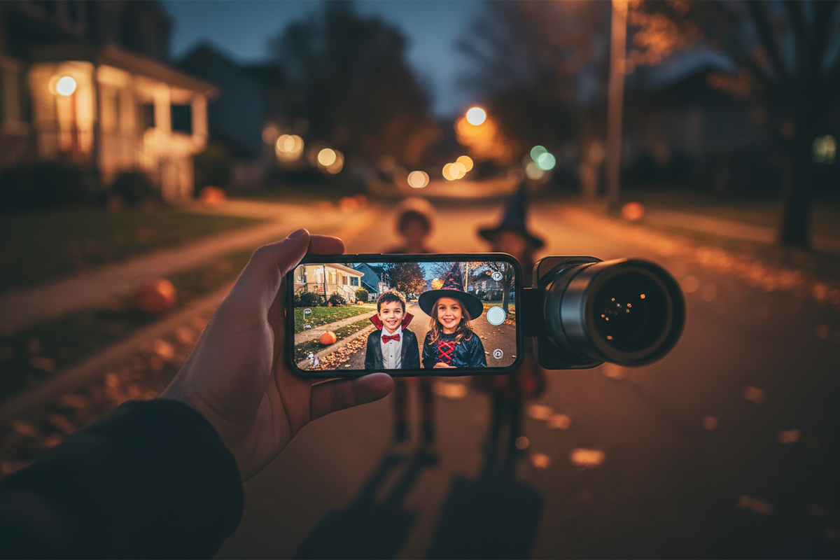 Hand holding a smartphone with clip-on telephoto lens capturing kids in Halloween costumes on a dark street at night