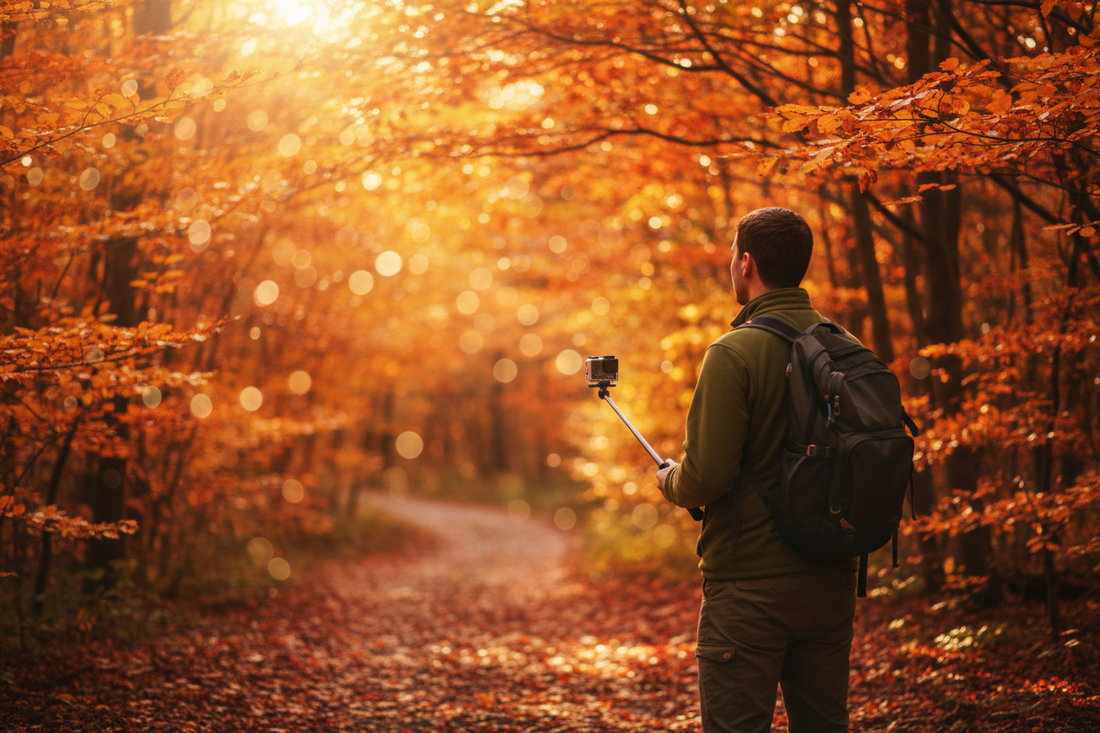 Hiker on a fall foliage trail holding an action camera toward a canopy of red and orange leaves in golden hour light