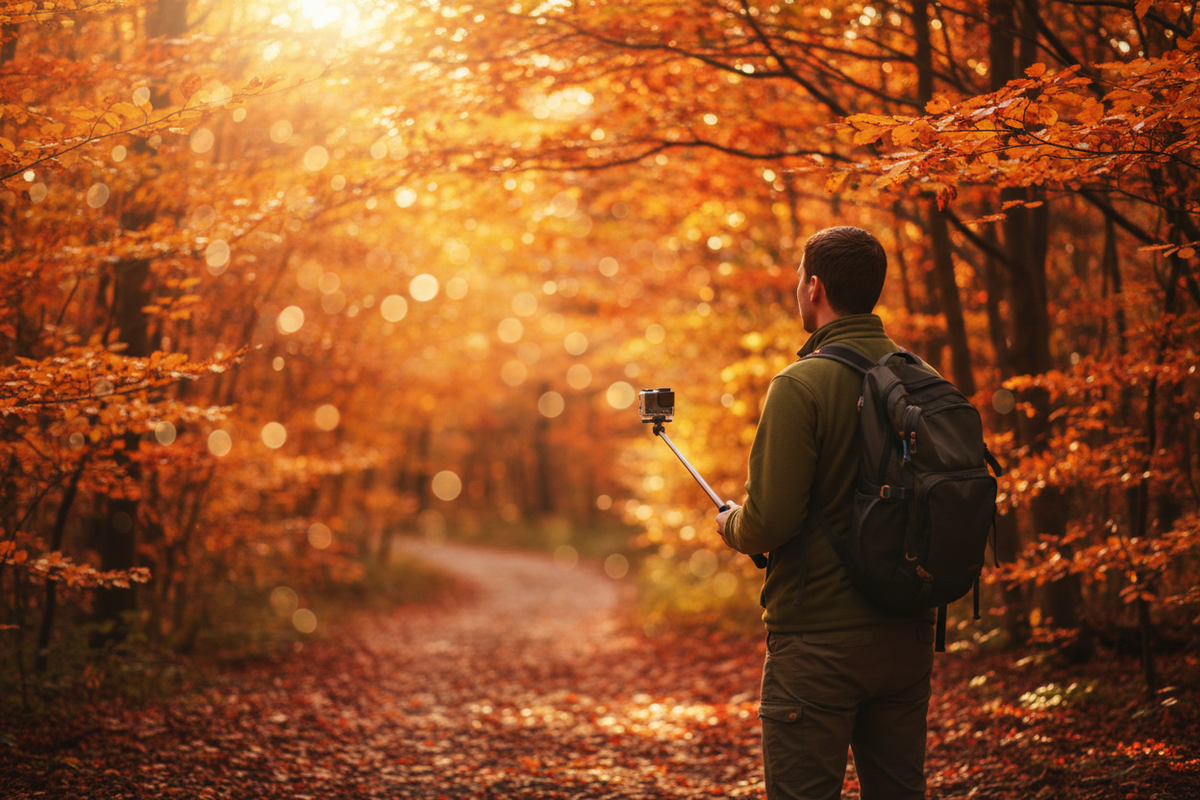 Hiker on a fall foliage trail holding an action camera toward a canopy of red and orange leaves in golden hour light