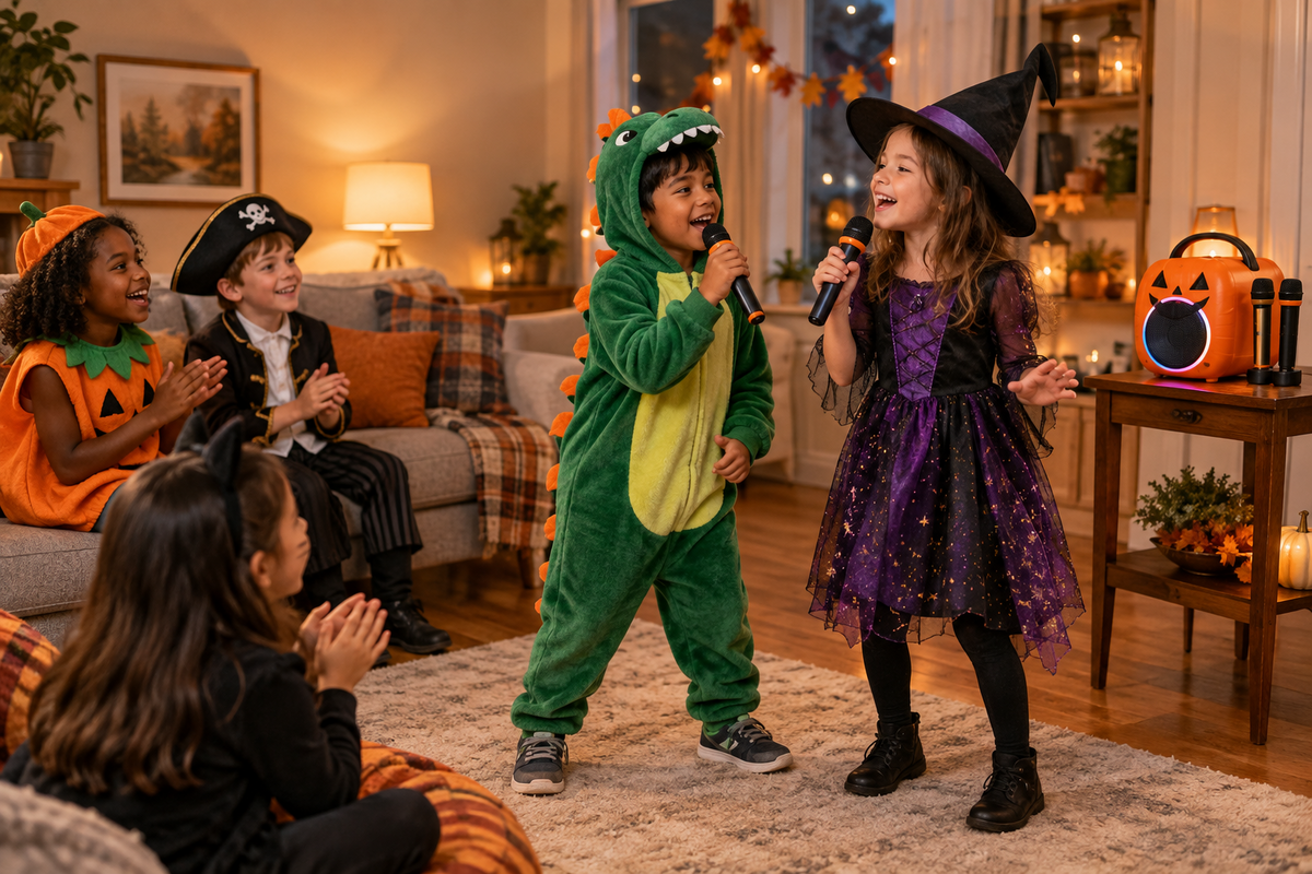 Two children in Halloween costumes sing together at a living-room karaoke party.