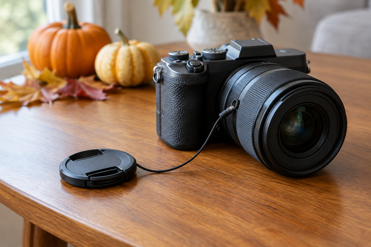Camera on a wooden table with a removed lens cap attached by a keeper cord, surrounded by subtle Thanksgiving decorations.