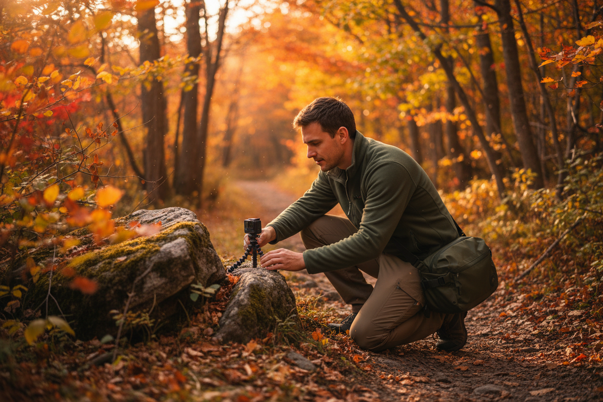 Solo content creator setting up an action camera on a mini tripod on a fall hiking trail with red and orange foliage overhead