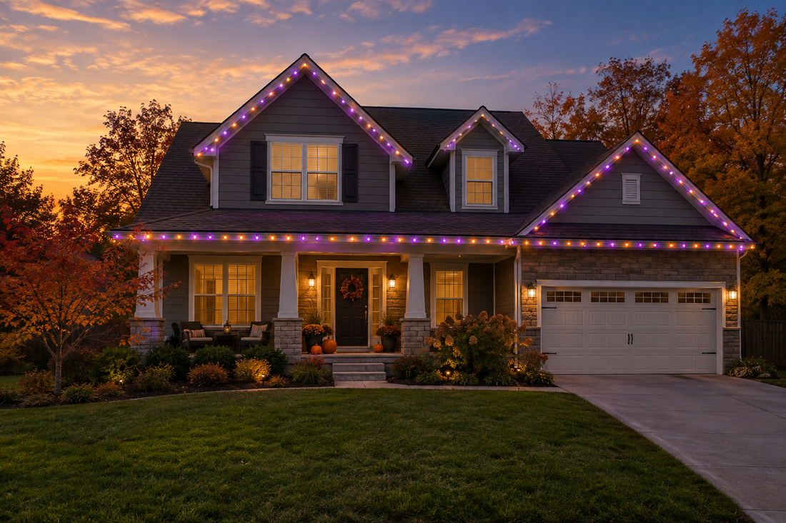 Halloween eave lights outlining a home's roofline above an autumn-decorated porch