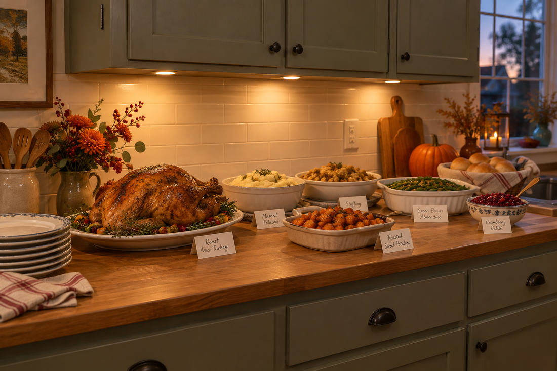 Thanksgiving buffet on a kitchen counter illuminated by warm wireless under-cabinet puck lights