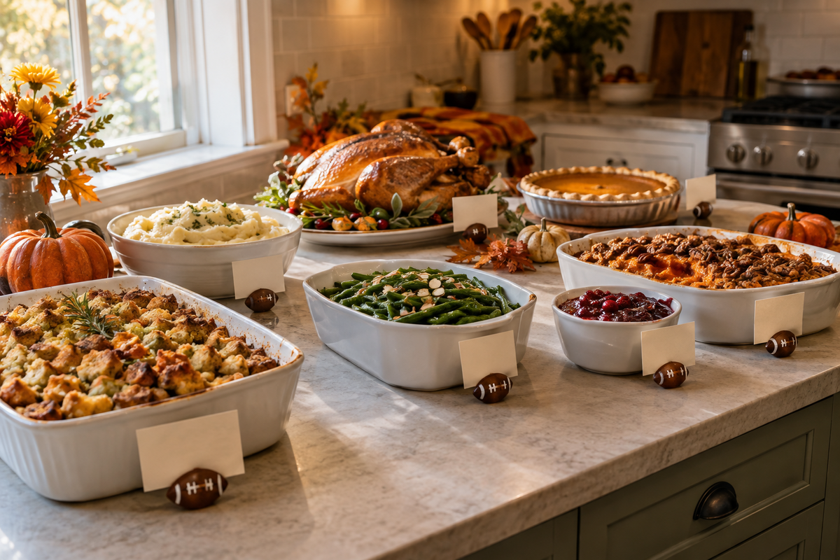 Thanksgiving buffet on a small kitchen counter with food-label cards in football-shaped memo stands beside serving dishes.