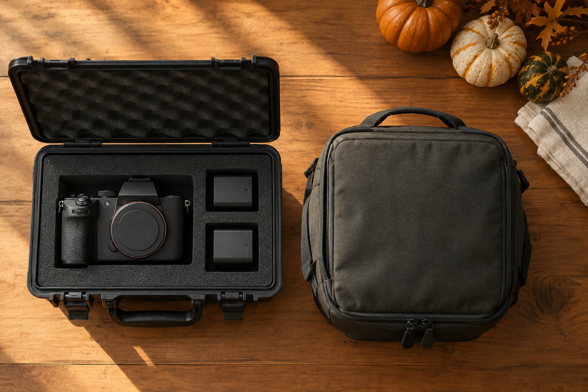 Camera, spare batteries in a fitted storage case, and a camera bag arranged for a Thanksgiving family visit.