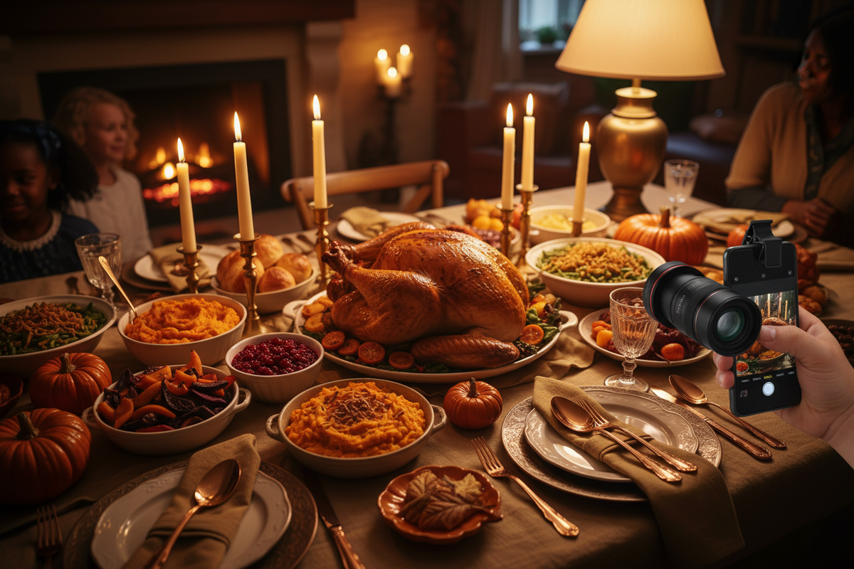 Smartphone with clip-on telephoto lens photographing a styled Thanksgiving dinner table with warm side lighting and candles