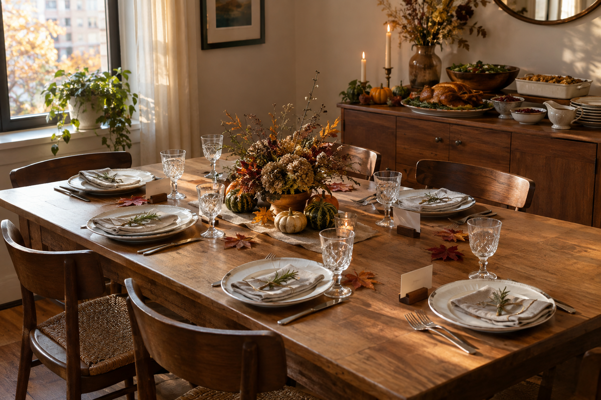 Small Thanksgiving dining table with six place settings and wooden place card holders beside the plates