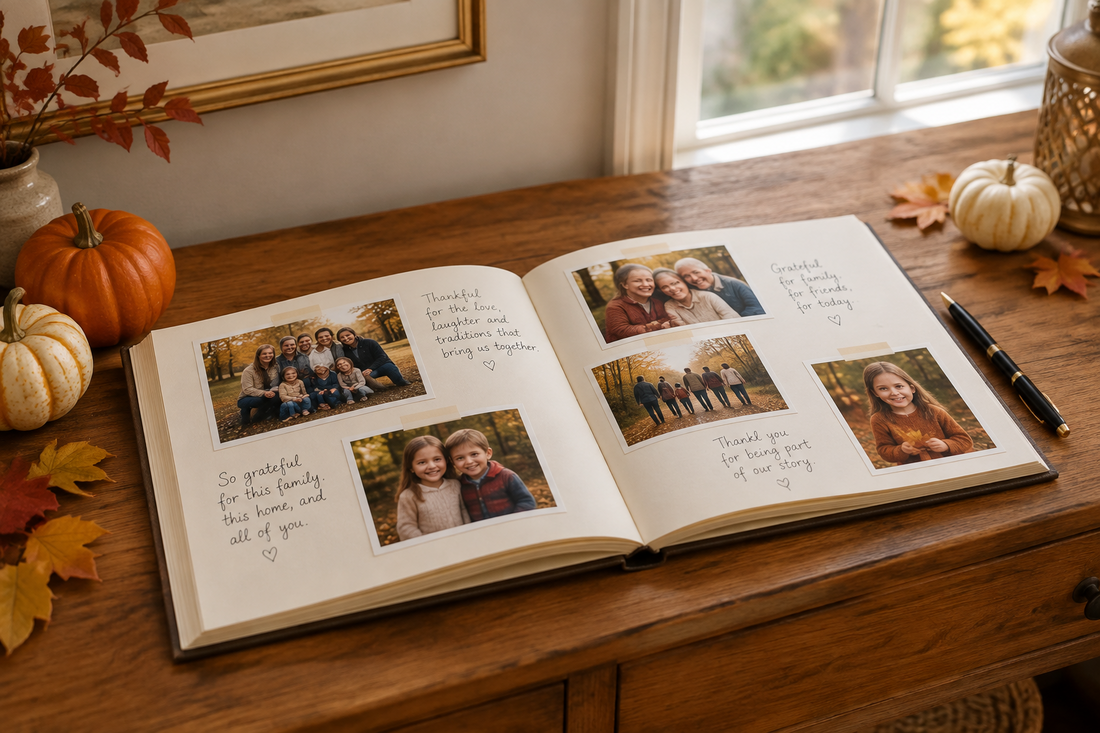 Open Thanksgiving family photo guest book with photos and gratitude notes on a wooden table decorated with small pumpkins.