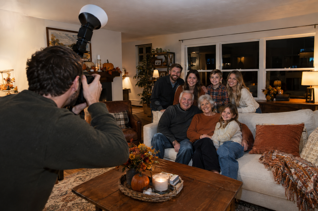 Photographer using a ceiling-directed camera flash for a Thanksgiving family portrait in a living room after sunset.