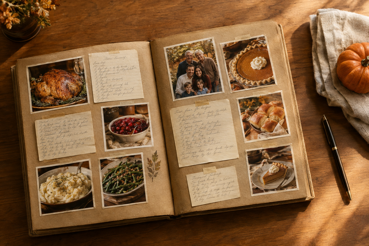 Open Thanksgiving recipe scrapbook with food photos, handwritten recipe cards, and a family portrait on a wooden table.