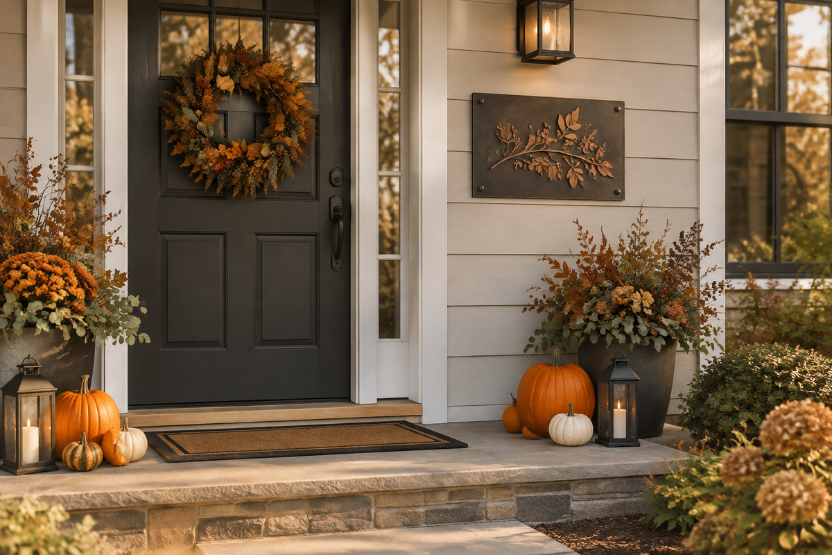 Metal welcome sign beside a front door decorated with small pumpkins and autumn foliage for Thanksgiving.