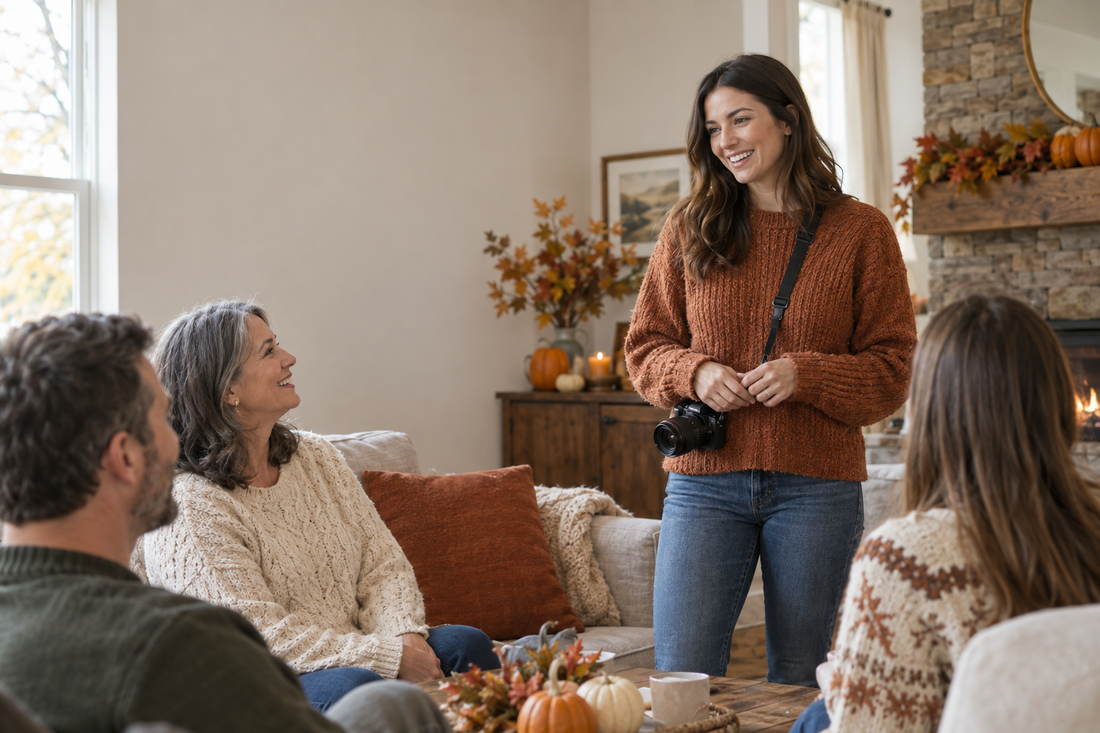 An adult wearing a camera shoulder strap while chatting with family in a Thanksgiving-decorated living room.