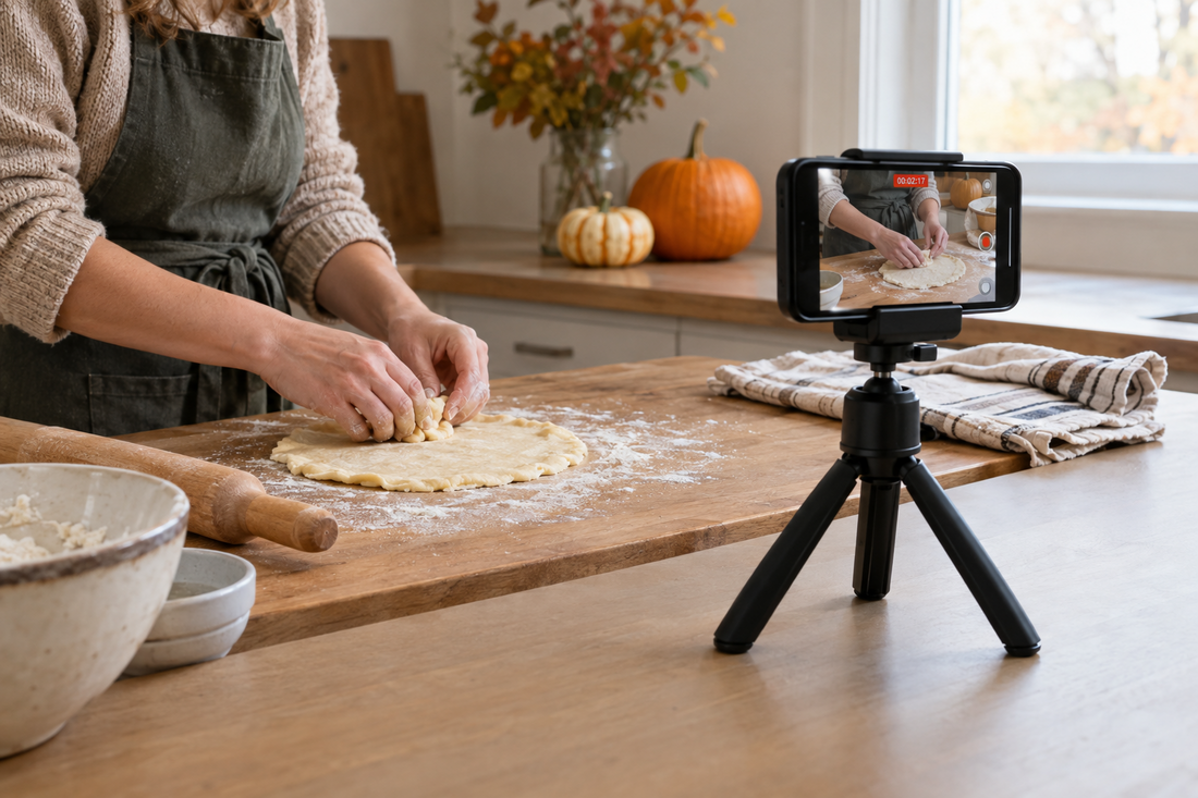 Smartphone on a compact tripod recording a cook shaping Thanksgiving pie dough in an autumn kitchen.