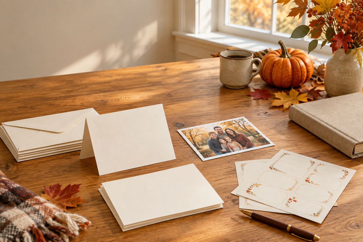 Thanksgiving photo thank-you cards, cream envelopes, label sheets, and a beige photo album arranged on a wooden desk.