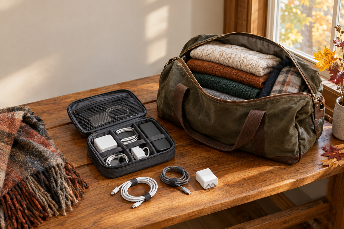 An overnight bag, electronics organizer, coiled charging cables, and a wall adapter prepared for Thanksgiving weekend travel.