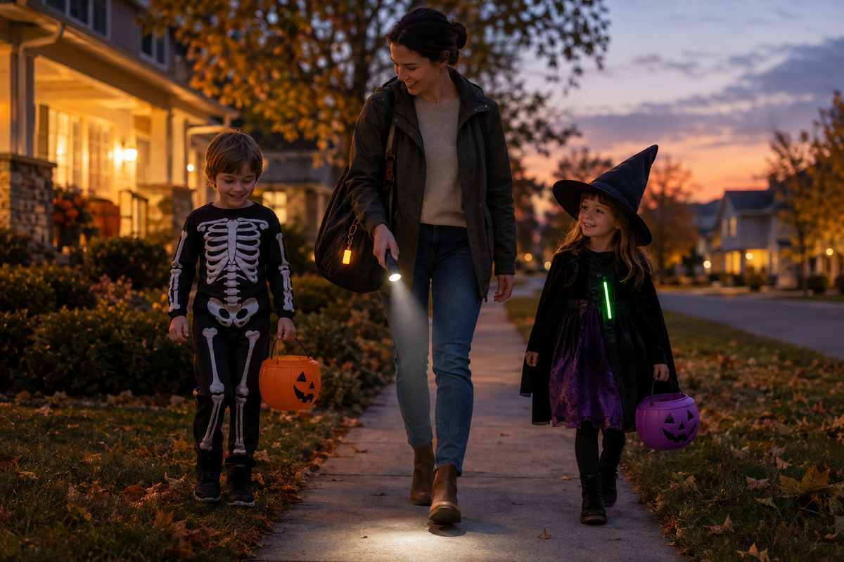Parent carrying a mini flashlight while children with candy buckets prepare to trick-or-treat at dusk