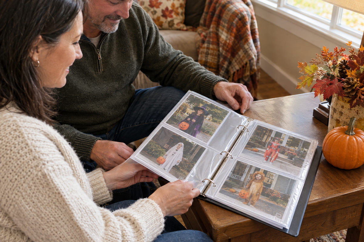 Two adults browsing Halloween costume photographs in a clear-pocket photo binder before Thanksgiving.