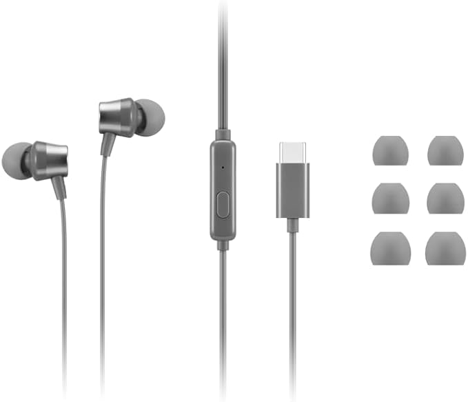 Lenovo - 300 Wired in-Ear USB-C Headphones - in-Line Microphone - USB-C Connectivity - Play & Pause Button - 3 Sizes Silicone Ear Tips Included, Grey