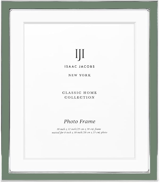 Isaac Jacobs 10x12 (Matted 8x10) Rosemary Green Enamel Picture Frame with Silver Metal Edge and Easel, Tabletop Display, Wall Décor, Photo Gallery, (10x12 (Matted 8x10), Rosemary Green with Silver)