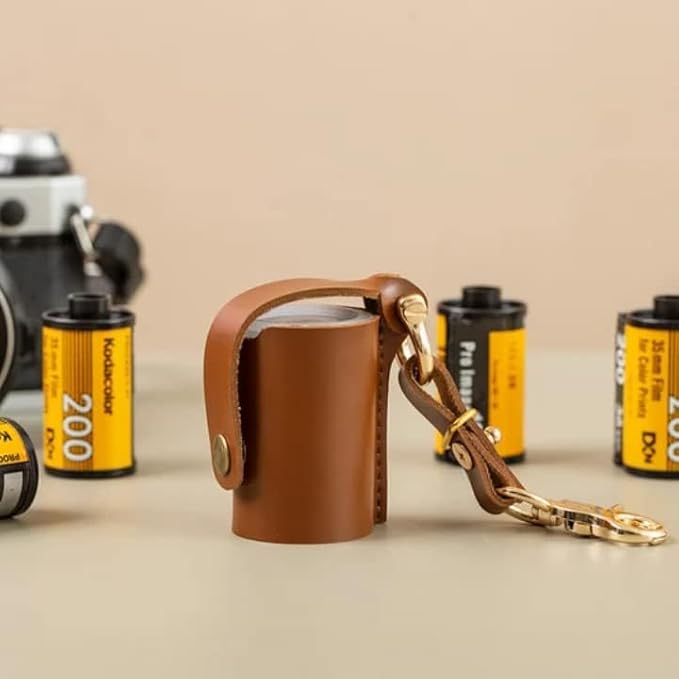 Leather 35mm Film Case Keychain, 35mm Film Holder Film Canisters with Caps for Film Photography & Gifts, H 1.96inch / 5cm (Brown)