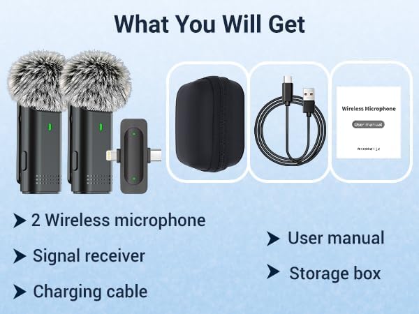 2 Pack Wireless Microphones for iPhone Android - Clip on Mini Microphone for Video Recording Lapel Microphone for Streaming, Podcast, YouTube Tiktok Content Creator