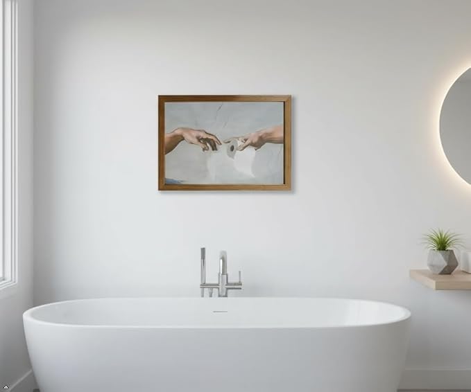 Funny Bathroom Wall Art 8x10 Framed Canvas, Humorous Toilet Paper Artwork, Modern Parody Classic Hands Painting Decor, Small Wall or Tabletop Picture for Bathroom Restroom Powder Room