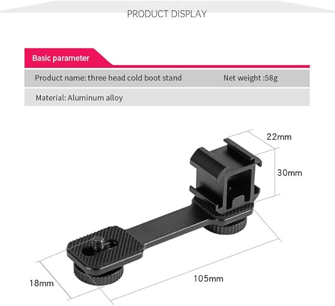 Aluminum Camera Cold Shoe Mount, Hot Shoe Extension Camera Flash Bracket for Light, Mic, with 1/4'' Tripod Screw (ST-001)