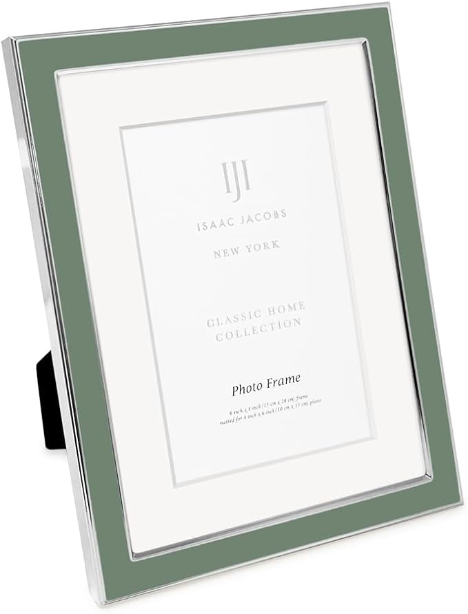 Isaac Jacobs 6x8 (Matted 4x6) Rosemary Green Enamel Picture Frame with Silver Metal Edge and Easel, Tabletop Display, Wall Décor, Photo Gallery, (6x8 (Matted 4x6), Rosemary Green with Silver)