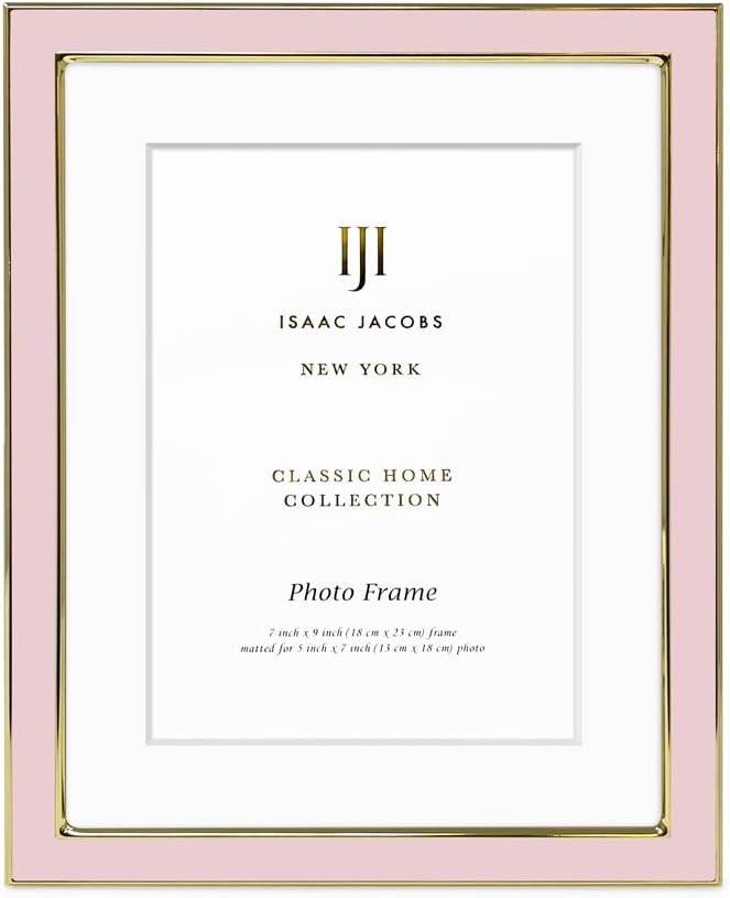 Isaac Jacobs 7x9 (Matted 5x7) Blush Enamel Picture Frame with Gold Metal Edge and Easel, Tabletop Display, Wall Décor, Photo Gallery, (7x9 (Matted 5x7), Blush with Gold)