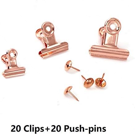 YUCHIYA 20 Pack Bulldog Clips with Push-pins for Corkboard,Metal Clips for Crafts, Metal Binder Clips for Pictures, Spring Paper Clamps for Office Documents (Rose Gold,1.2inch)