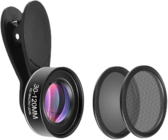 30-120mm Macro Zoom Lens, for iPhone, Samsung, Android, Pixel, Black, Mixed Materials, HD Coating, 4:1 Zoom Ratio, Auto/Manual Focus, Compatible with Most Smartphones
