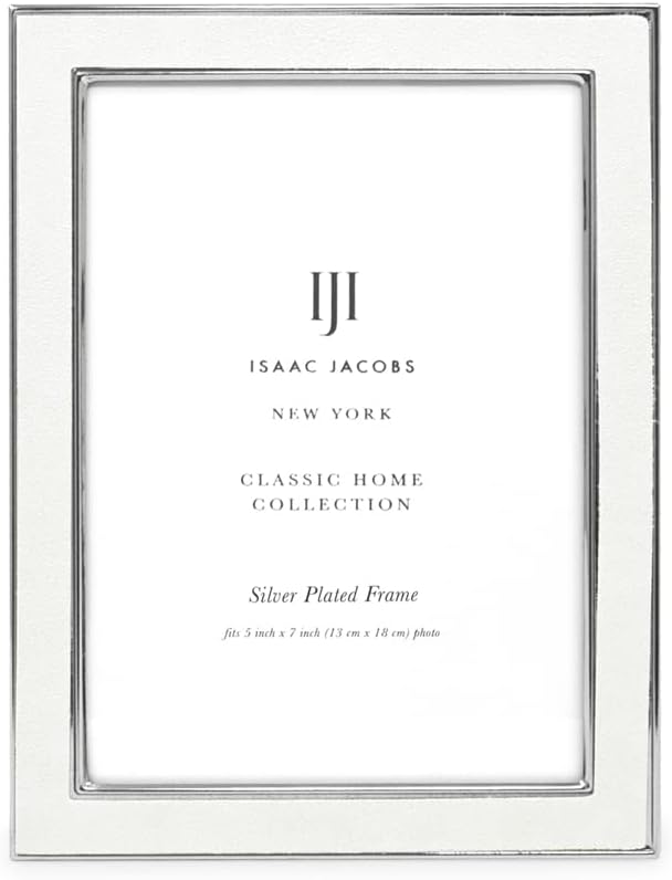 Isaac Jacobs 5x7 White Leather with Silver Metal (Vertical & Horizontal) Picture Frame, Suede Border w/Black Fabric Easel, Wall-Mountable, Made For Tabletop, Photo Gallery (5x7, White W/Silver)
