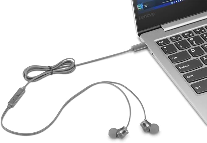 Lenovo - 300 Wired in-Ear USB-C Headphones - in-Line Microphone - USB-C Connectivity - Play & Pause Button - 3 Sizes Silicone Ear Tips Included, Grey