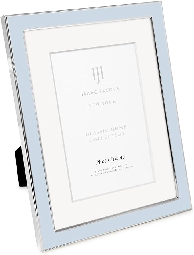 Isaac Jacobs 6x8 (Matted 4x6) Light Blue Enamel Picture Frame with Silver Metal Edge and Easel, Tabletop Display, Wall Décor, Photo Gallery, (6x8 (Matted 4x6), Light Blue with Silver)