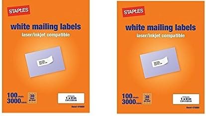 Staples White Mailing Labels for Laser Printers, 1 x 2.62 Inch, 100 Sheets, 3000 Labels, (2 Pack)