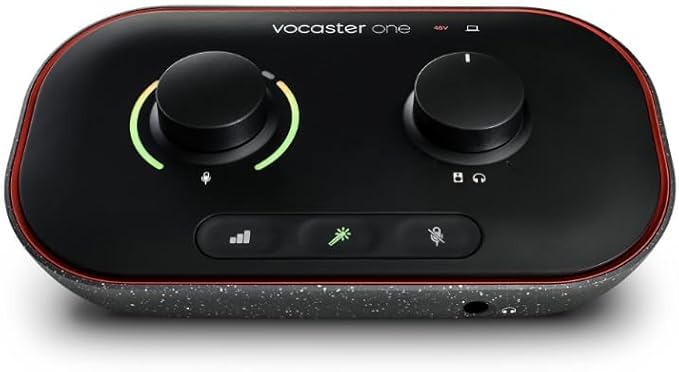 Focusrite Vocaster One — Podcasting Interface for Recording as a Solo Creator. Use Auto Gain, Enhance, and Mute for Easy Podcasting. Small, Lightweight, and Powered by Computer