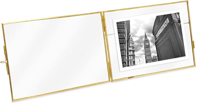 Isaac Jacobs 5x7, Antique Gold, Vintage Style Brass and Glass, Metal Floating Picture Frame (Horizontal) with Locket Closure, for Photos, Art, More, Tabletop Display (5x7 Antique Gold)