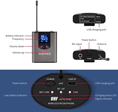 HOTEC UHF Wireless Headset Microphone/Lavalier Lapel Mic with Bodypack Transmitter and Mini Rechargeable Receiver 1/4" Output for Vlogging or Speech