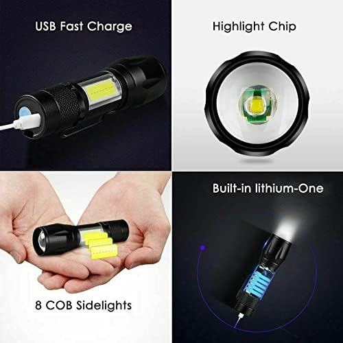 Led Flashlight Rechargeable USB Mini Torch Light, Ultra Brightest Small Flash Light Handheld Pocket Compact Portable Tiny Lamp with Side Lantern, High Powered Tactical Travel Flashlights 1 Pack