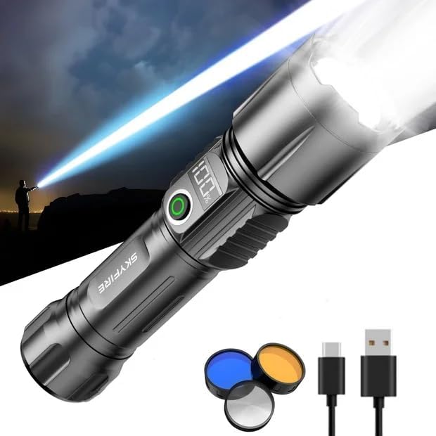 SKYFIRE Rechargeable Flashlights High Lumens with Ignition Lens&White Yellow Blue Light,5000mAh Super Bright Flashlight with 5 Modes& Zoomable,Tactical LED Flash Light for Outdoor,Home& Gift