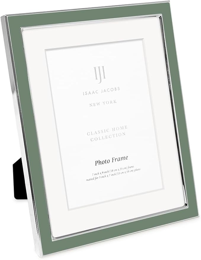 Isaac Jacobs 7x9 (Matted 5x7) Rosemary Green Enamel Picture Frame with Silver Metal Edge and Easel, Tabletop Display, Wall Décor, Photo Gallery, (7x9 (Matted 5x7), Rosemary Green with Silver)