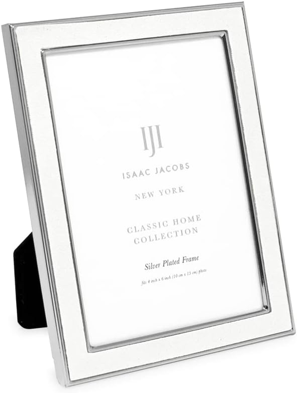 Isaac Jacobs 4x6 White Leather with Silver Metal (Vertical & Horizontal) Picture Frame, Suede Border w/Black Fabric Easel, Wall-Mountable, Made For Tabletop, Photo Gallery (4x6, White W/Silver)