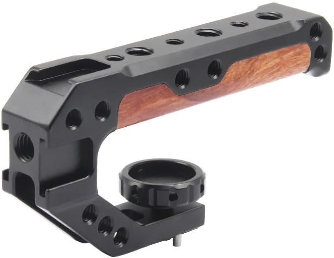 Wooden top Handle, Grip for DSLR Camera cage, Universal Handle with 3 Cold Shoe adapters with 3/8 and 1/4 Screw Holes
