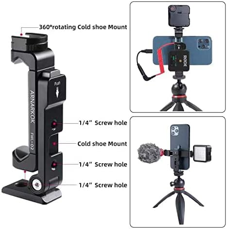 Metal Phone Tripod Mount w 2 Cold Shoes, Vertical, Horizontal & 45 Tilt Angles Tripod Phone Holder All Smartphone Holders Video Live Vlogging Streaming Rig