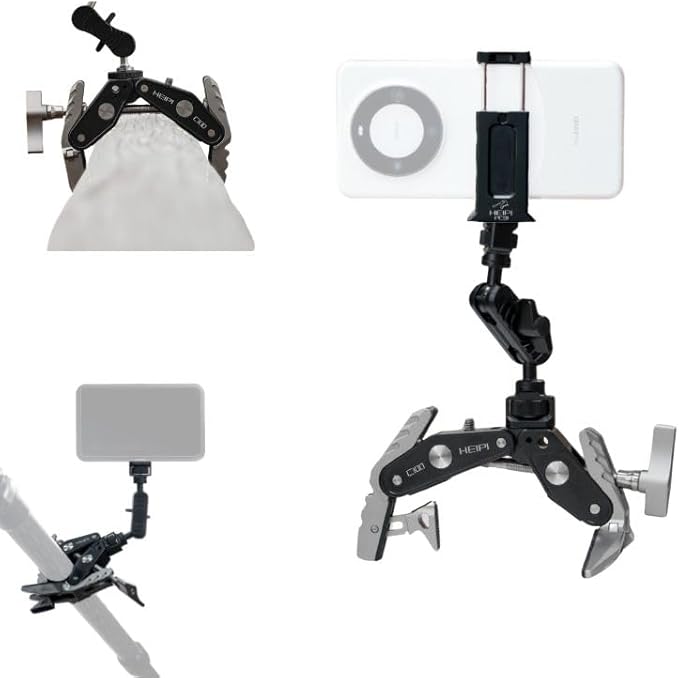HEIPI Super Clamp Camera Mount Holder - Sabertooth C100 with 360° Ballhead Magic Arm MA175 and Phone Clip PC01 for Tripod Accessories, Round Tube, Flat Surface